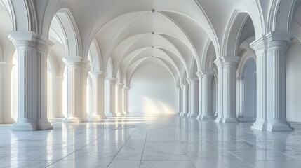 Fototapeta na wymiar Spacious White Room With Columns and Arches