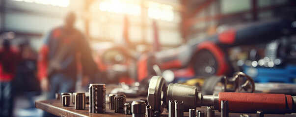 Wrenchs and hard tools for mechanic work on the table. Car service garage.