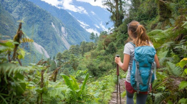 Young female with backpack and poles trekking walking Mera Peak climbing route through jungle rain forest in Makalu Barun National Park, Nepal. Active people and Himalayas tourism concept image.