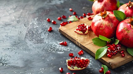 Fresh ripe juicy pomegranate pomegranate on a board for making salad, smoothie or juice. Vitamin C. Low Calorie Diet Detox, dieting, clean eating, vegetarian, vegan, fitness, healthy lifestyle concept