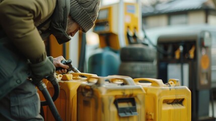 A man filling gas cans with a hose, suitable for gas station concept