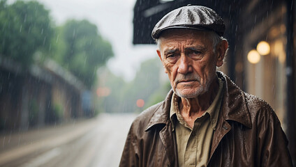 a old man standing alone in rain