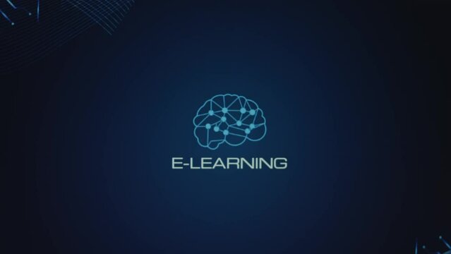 E-learning inscription and brain symbol on blue background. Education concept. Blurred