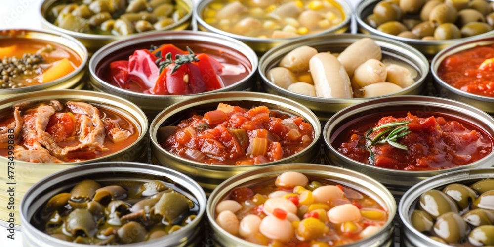 Poster a collection of tins filled with different types of food. ideal for food and nutrition concepts