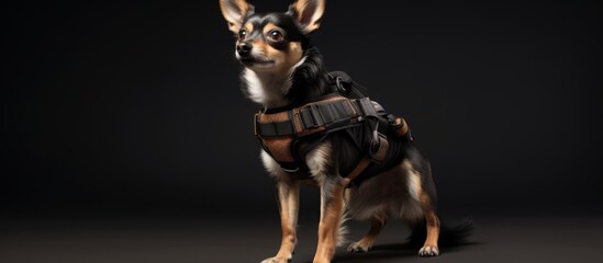 A close-up of a dog wearing a harness, set against a stark black background, showcasing the pet's outfit. The animal looks comfortable and stylish in the accessory.