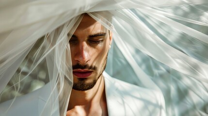 Bride veil man. Gay love, same sex couple, men fashion, romantic editorial, love is love, LGBT. Man wearing a veil. Gay marriage