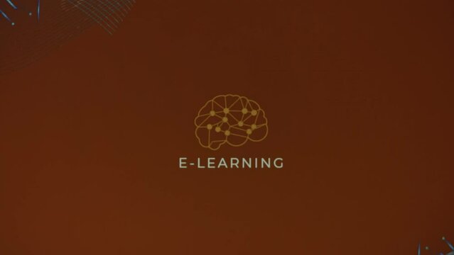 E-learning inscription and brain, mind, thinking symbol on brown background. Education concept. Blurred image