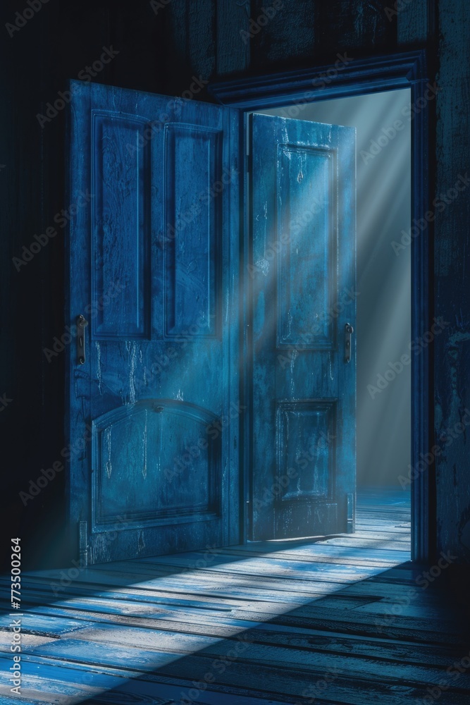 Poster a dark room with light coming through an open door. suitable for concepts of mystery and discovery