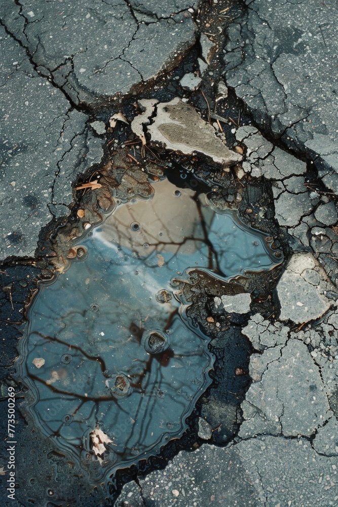 Poster A simple image of a puddle of water on the side of a road. Suitable for various design projects