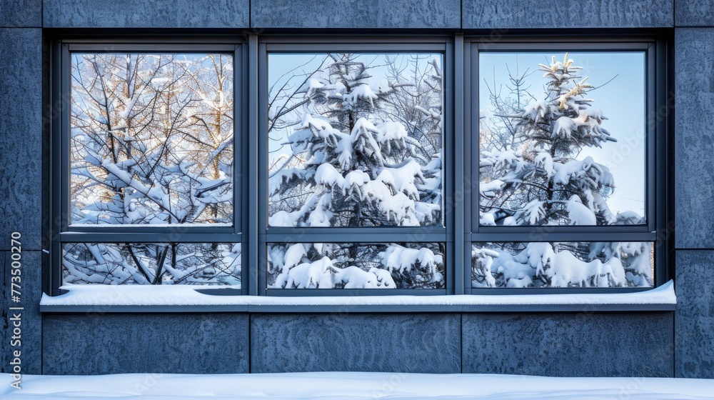 Poster snowy window with trees outside. suitable for winter themes