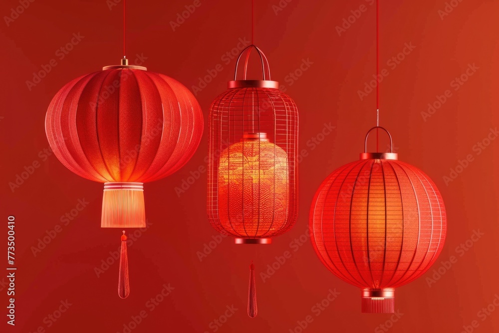 Poster three red lanterns hanging on a vibrant red wall. perfect for adding a pop of color to any design pr