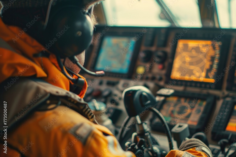 Poster A man in a yellow jacket sitting in front of a control panel. Suitable for technology or engineering concepts