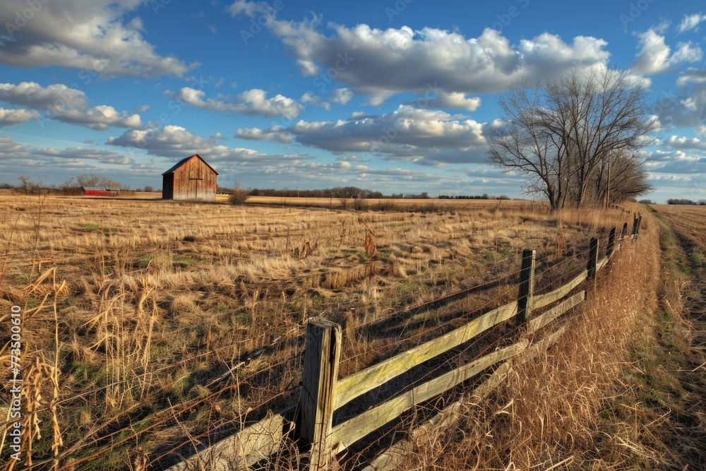 Poster a picturesque scene of a field with a fence and a barn in the distance. ideal for agricultural or ru