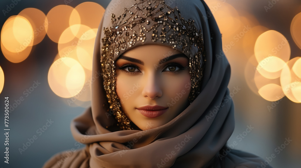 Wall mural photo of a girl in a stylish balaclava, decorated with crystals, rhinestones, sparkles, against the backdrop of the city, morning light, woman, fashion, winter, walk, sky, mask, eyes