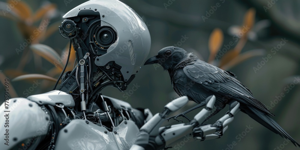 Poster a black bird perched on the arm of a robot. suitable for technology and nature concepts