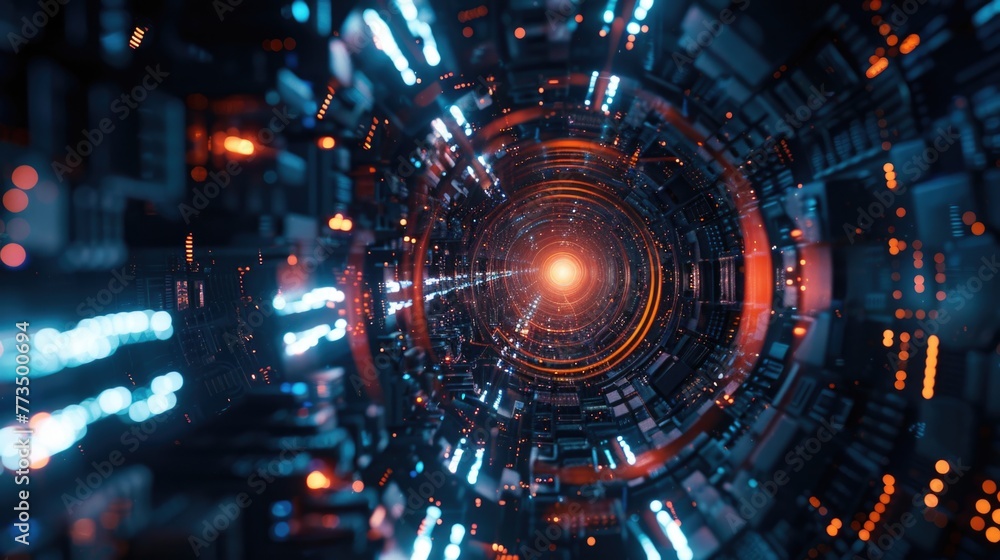 Poster A futuristic tunnel with a bright light at the end. Suitable for technology concepts