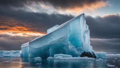 An iceberg with a flat top sits in icy waters. The sky is a mix of grey and orange clouds. - 773500644