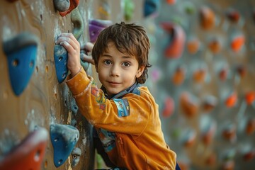 A young boy climbing on a rock wall, great for illustrating determination and overcoming obstacles