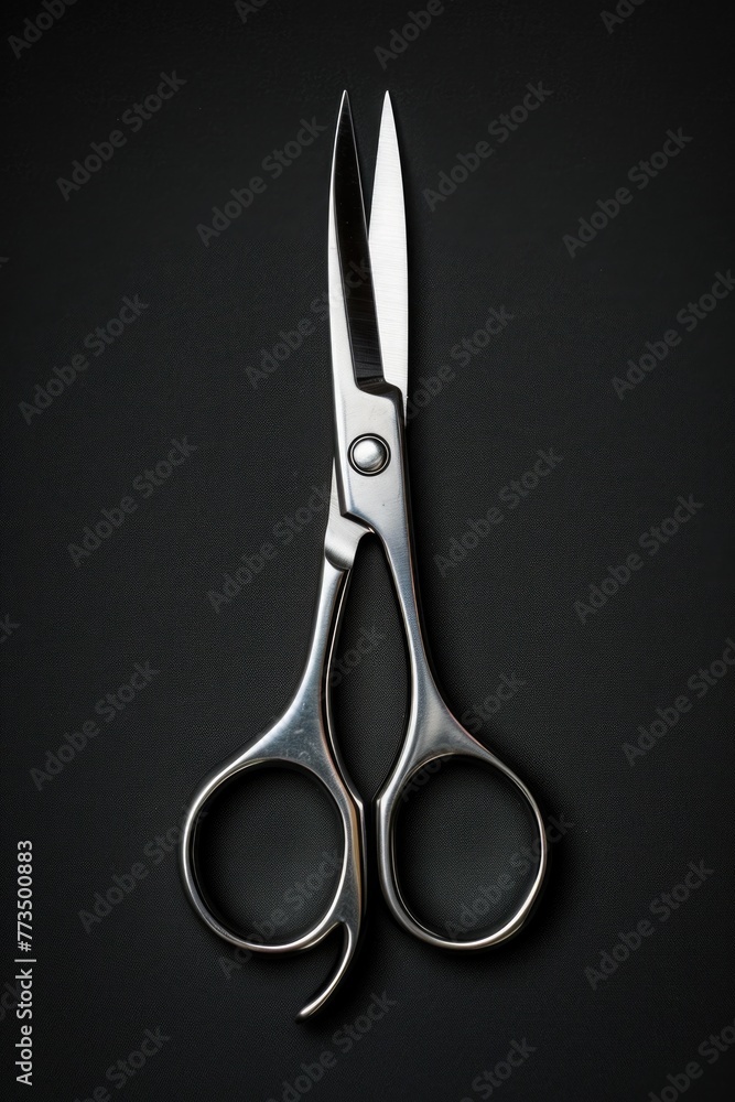 Poster a pair of scissors sitting on a table. suitable for office or school themes