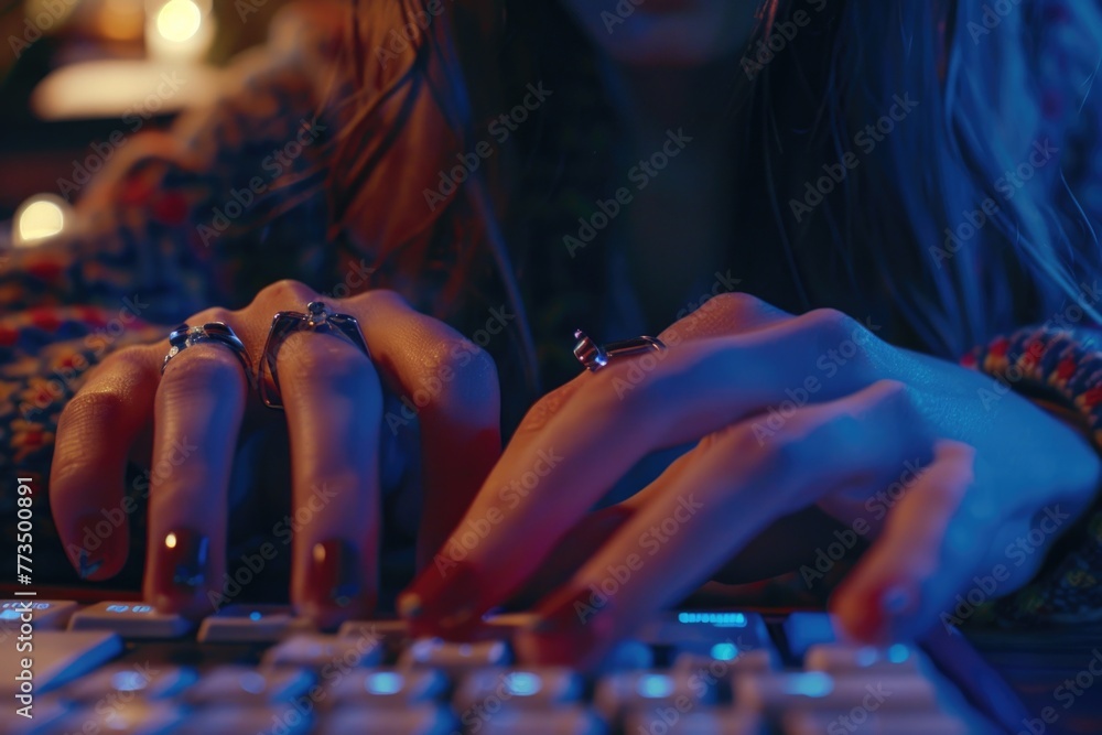Aufkleber Close-up of a person typing on a keyboard. Suitable for technology concepts