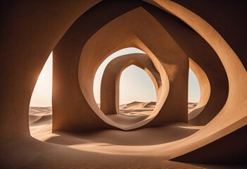 sand-colored, geometric structure in a desert landscape. The sun is shining through the center of the structure, casting light on the sand - 773500803
