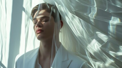 Men’s Veil. Male bride in a white suit and veil. Man Wearing a Veil. Gay marriage. LGBTQ community, transgender bride, Gay love, same sex couple, men fashion, romantic editorial,  transgender