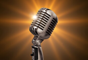 Professional classic steel microphone in bright stage lights - 773500881