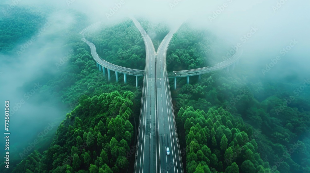 Poster aerial view of a bridge in the middle of a forest. suitable for nature and travel concepts