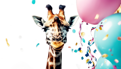 Minimal animal. cap confetti giraffe fun crazy happy pastel birthday party animal having background. balloons concept composition colours graphic cute ai character background