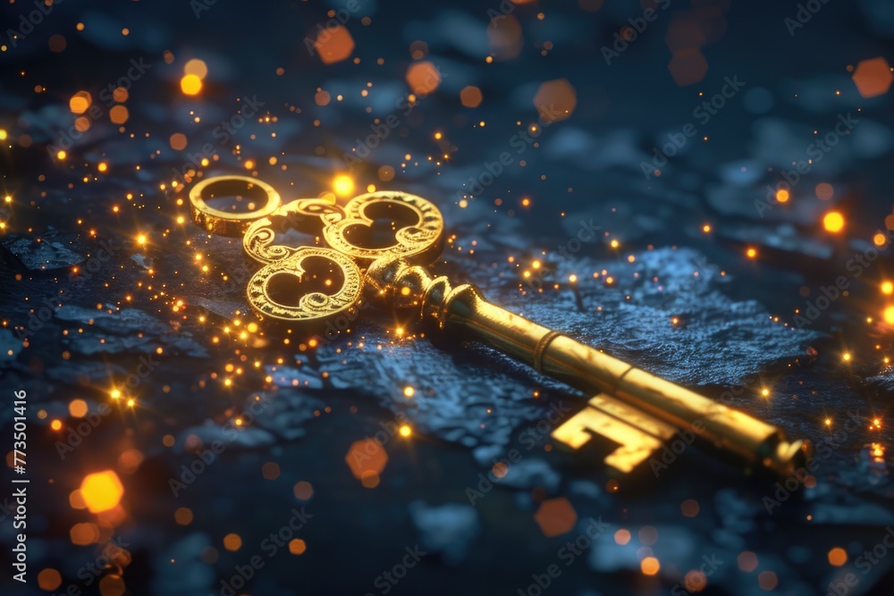 Aufkleber a shiny golden key placed on a wooden table. suitable for various concepts and designs