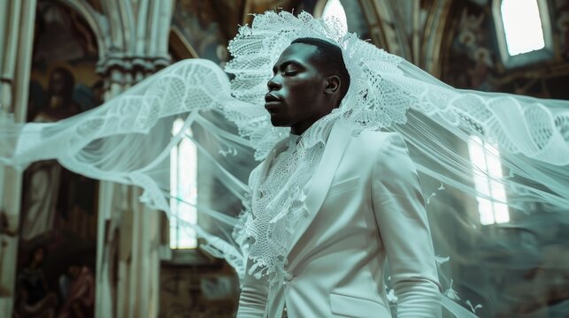 A black trans male bride in a white suit and lace veil stands contemplatively in a richly detailed church, sunlight filtering through stained glass. Gay marriage. LGBTQ community