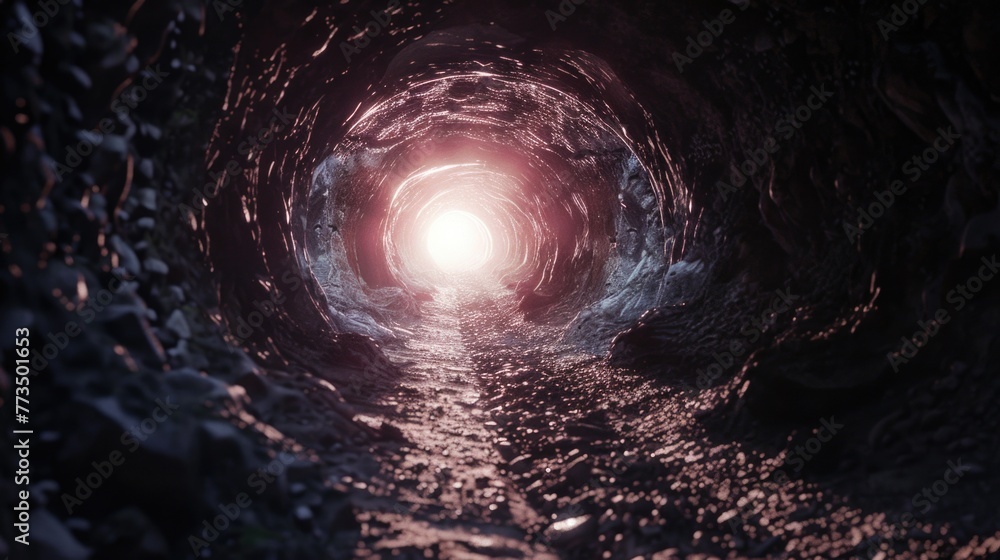 Poster a dark tunnel with a light at the end, suitable for concepts of hope and overcoming obstacles