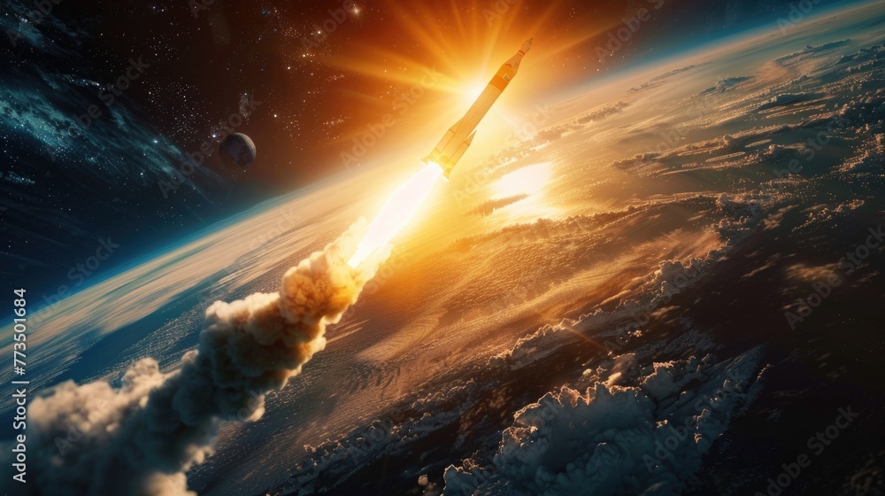 Poster a powerful space rocket launching into the sky. perfect for illustrating space exploration and techn