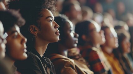 A group of people sitting in front of a large crowd. Ideal for business or event concepts