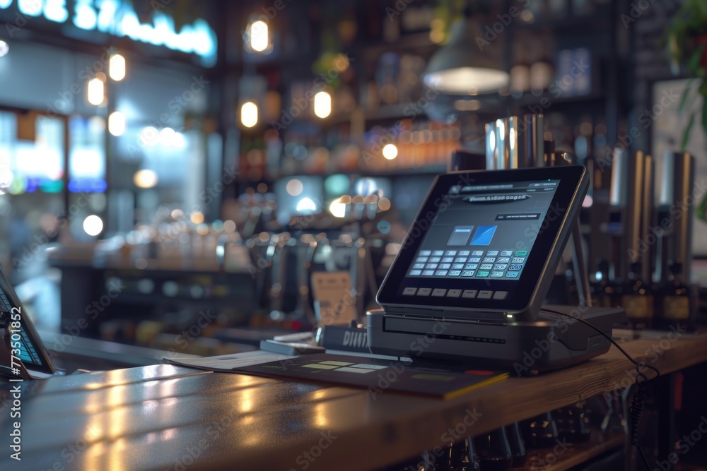 Aufkleber Modern tablet computer resting on a bar counter, suitable for technology concepts