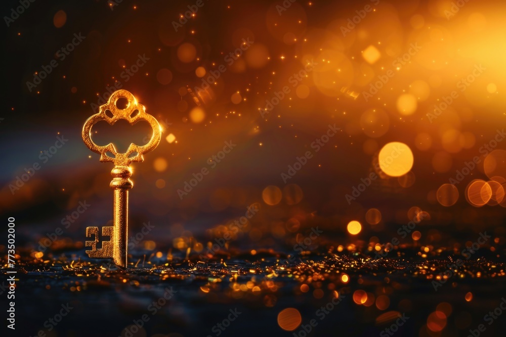 Poster a golden key resting on a table. ideal for business concepts