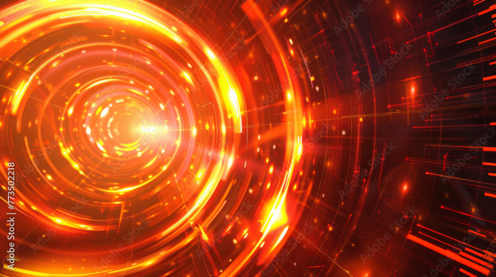 Poster abstract digital art of a bright orange wormhole tunnel with futuristic tech elements