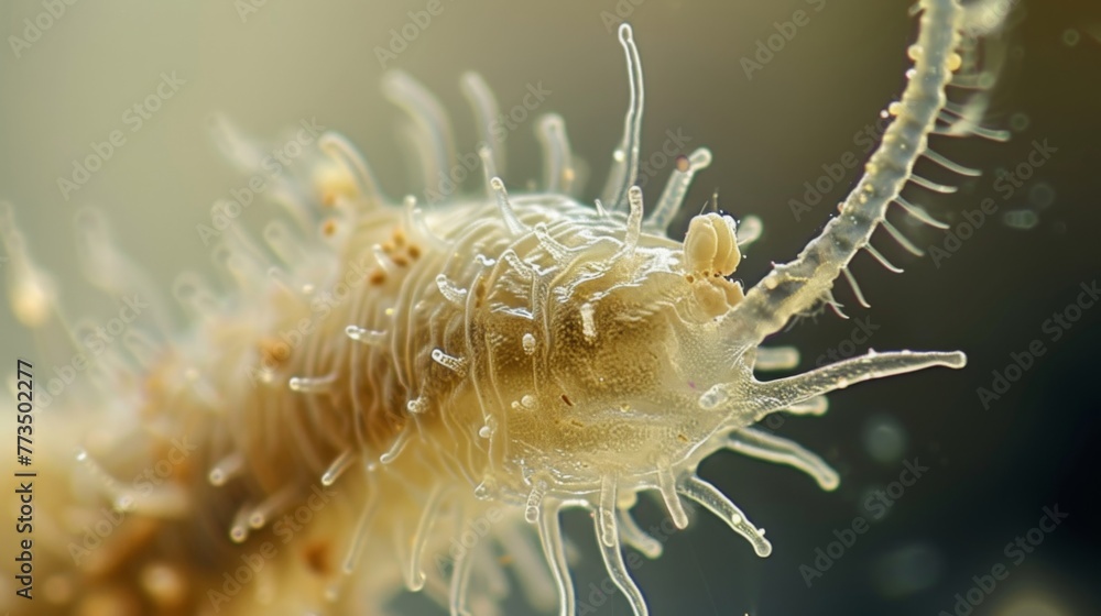 Poster a detailed image of a soil nematodes head showing its sensory bristles and toothlike structures used
