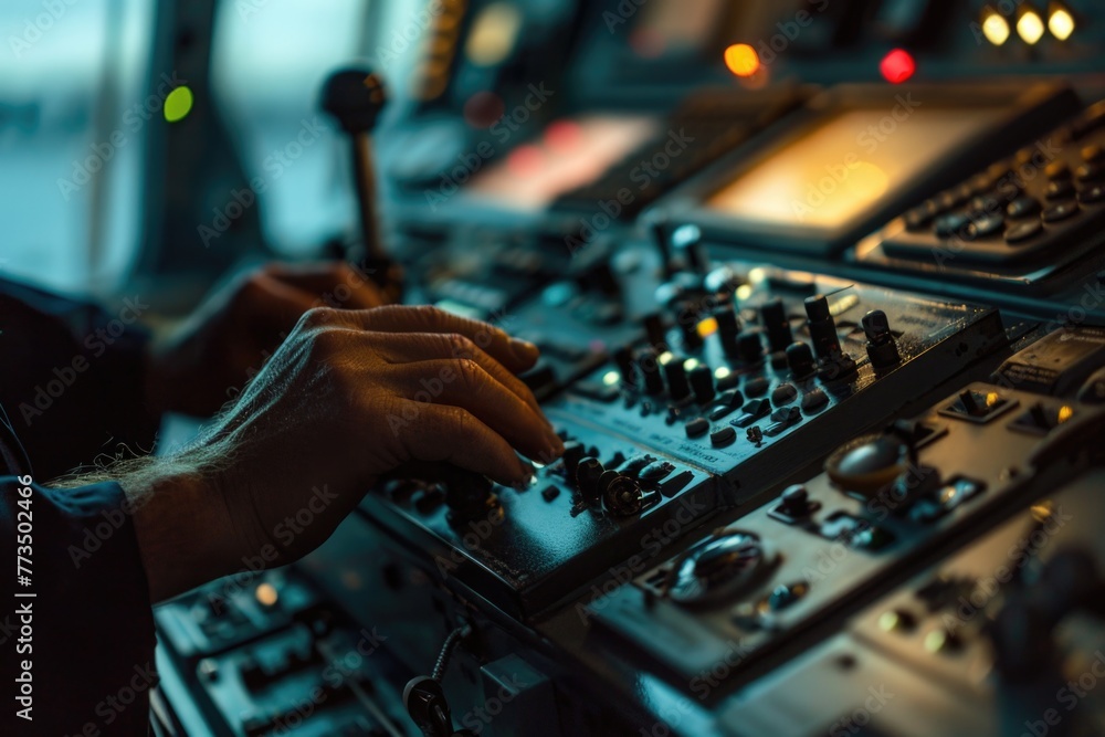Poster close up of a person's hand on a control board, suitable for technology concepts