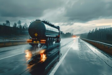 A tanker truck driving down a wet highway, suitable for transportation or industrial concepts - obrazy, fototapety, plakaty