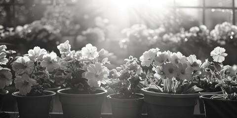 Black and white photo of flowers in pots, suitable for various design projects - obrazy, fototapety, plakaty