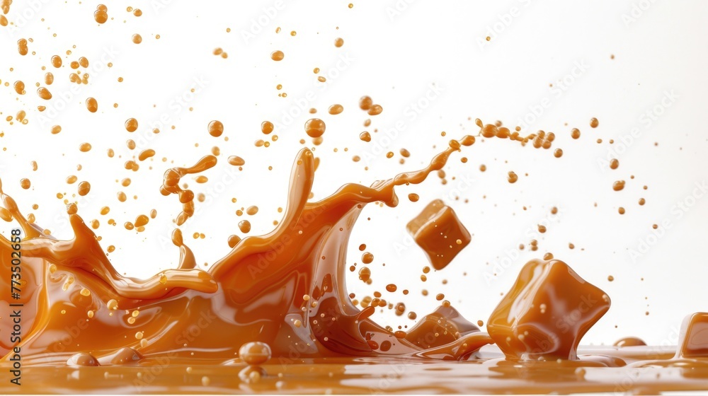 Poster A dynamic image of liquid splashing onto ice cubes. Suitable for beverage and refreshment concepts