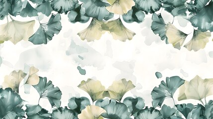 Gingko Leaf Ink Border and Watercolor Seamless Pattern - Vector Illustration - obrazy, fototapety, plakaty