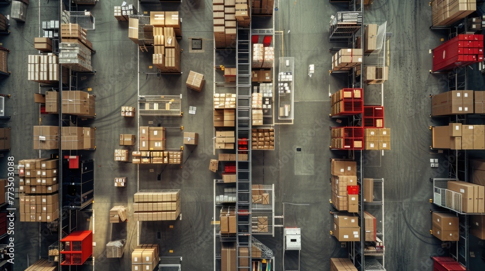 Poster A large warehouse filled with lots of boxes. Suitable for business and logistics concepts