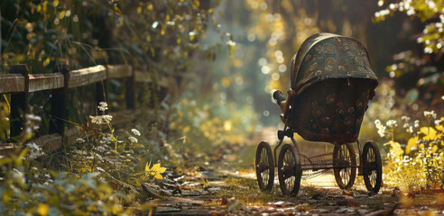 A baby stroller left alone in a peaceful forest. Suitable for nature and parenting themes - obrazy, fototapety, plakaty