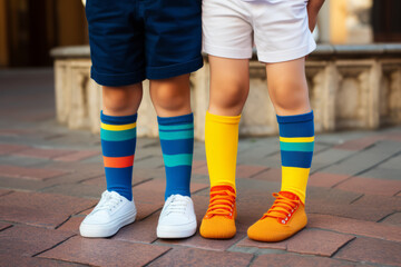 Children wearing different pair of socks and sneakers standing outdoors. Kid foots in mismatched socks. Odd Socks day, Anti-Bullying Week, Down syndrome awareness concept