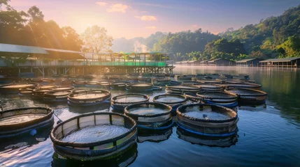 Foto op Canvas Aquaculture Farm modern aquaculture farm with rows of fish tanks or ponds, surrounded by lush greenery, highlighting sustainable fish farming practices © JovialFox