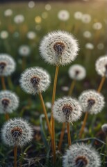 Dandelions on a beautiful meadow, sun rays. Dandelion plant with medicinal effect. Summer concept.