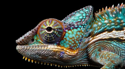 Obraz premium Close Up of a Chameleon with beautiful colors on a dark background