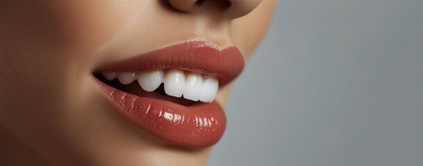 Perfect white teeth close up, female crown veneer smile, dental care and stomatology, dentistry. Dentistry banner.